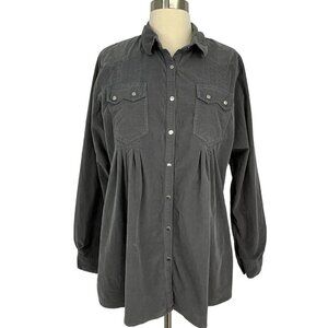 Johnny Was Pete & Greta Women's M Shirt Gray Corduroy Pearl Snaps Pleated Collar